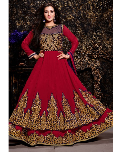 Red color georgette anarkali suit.